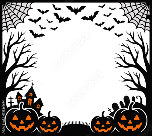 Minimal Halloween Frame — Web Corners, Bats & Graveyard Footer (Vector)