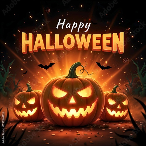 Three Glowing Jack-o'-Lanterns in Dark Night - Happy Halloween Dramatic Background - Spooky Party Invitation