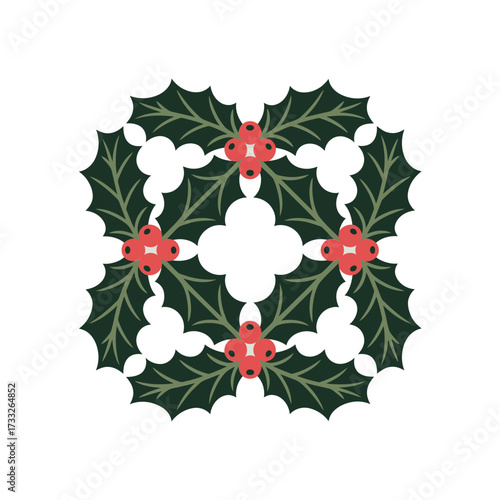 holiday holly wreath, circular leaves and berries, cheerful seasonal icon, classic winter garland, simple green red vector