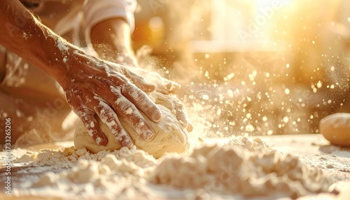 Hands Kneading Dough with Flour on Wooden Surface in Warm Sunlight