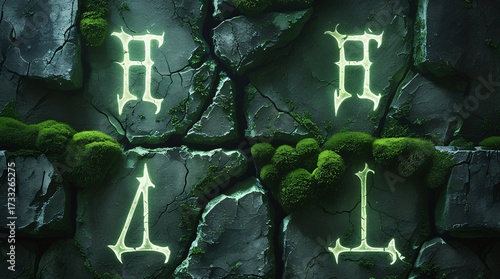 ultra realistic close-up texture of cracked gothic stone wall, moss details with faint glowing runes