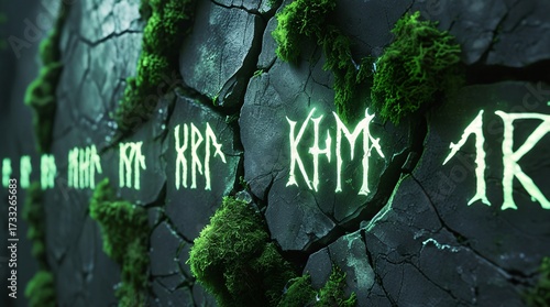 ultra realistic close-up texture of cracked gothic stone wall, moss details with faint glowing runes