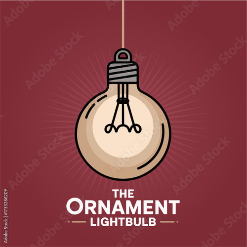 Hanging ornament bulb illustration, glowing glass light, red festive background, cozy holiday ambiance, nostalgic winter decoration vector