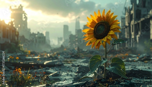 A lone sunflower amidst a post-apocalyptic cityscape