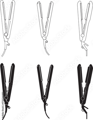 Stylized Hair Straightener Collection Line Art and Silhouette Illustrations for Beauty and Design