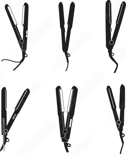 Stylized Hair Straightener Icons A Black and White Vector Illustration Set