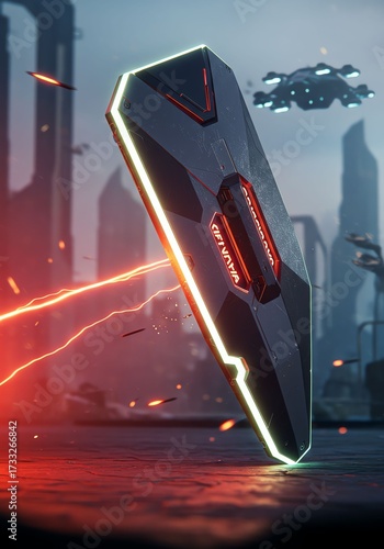 Futuristic Gaming Weapon with Neon Lights and Dark City Background