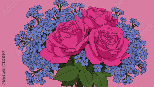 Vibrant Pink Roses and Blue Forget-Me-Nots Bouquet Illustration on Pink Background