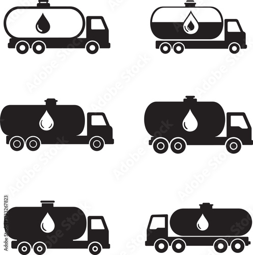 Collection of Black and White Oil Tanker Truck Silhouettes for Logistics and Transportation