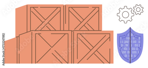 Stacked wooden crates alongside gear and shield icons representing logistics, security, and system optimization. Ideal for supply chain, inventory, freight, protection, planning, efficiency data