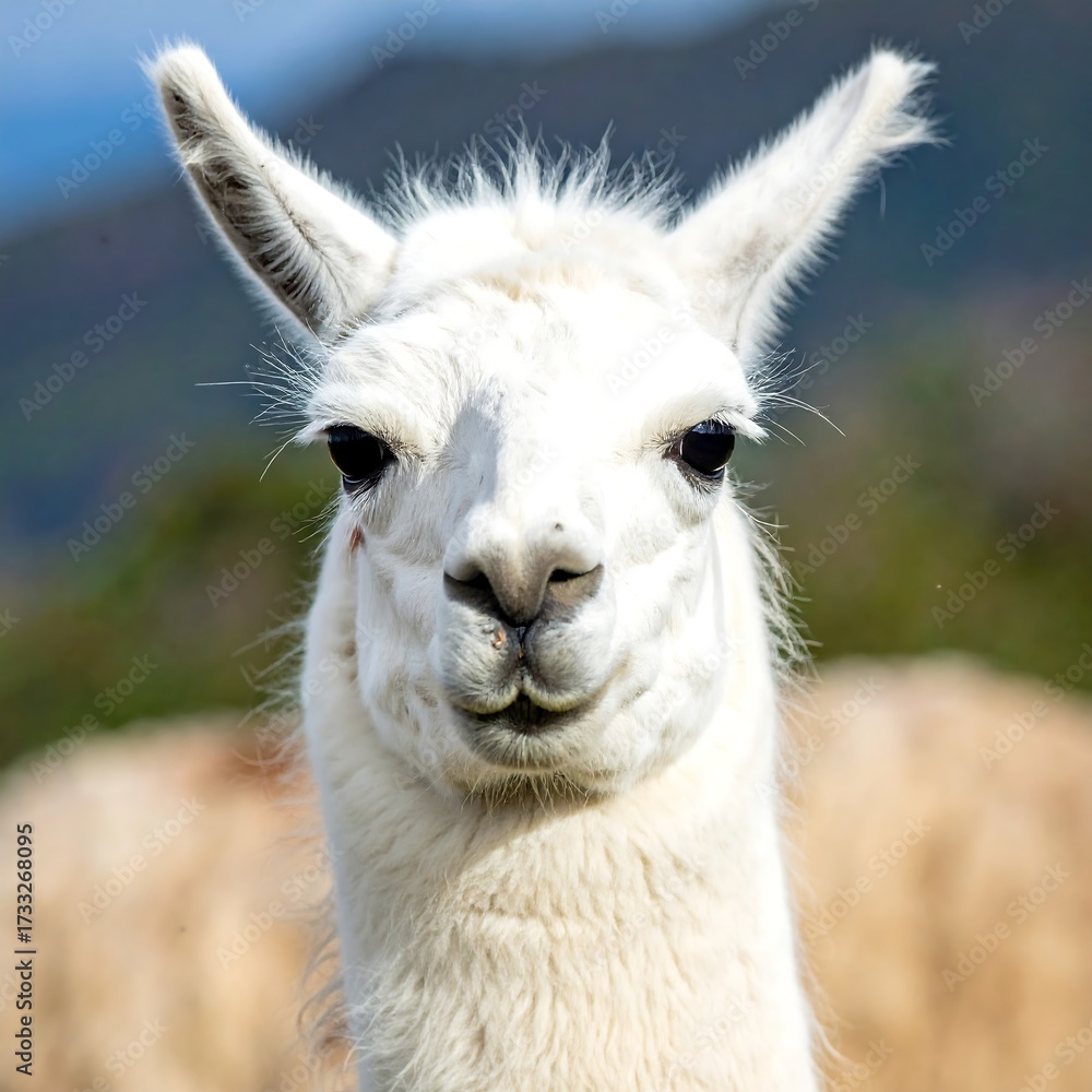 Fototapeta premium Close-up of a white llama's face, slightly smiling, outdoors
