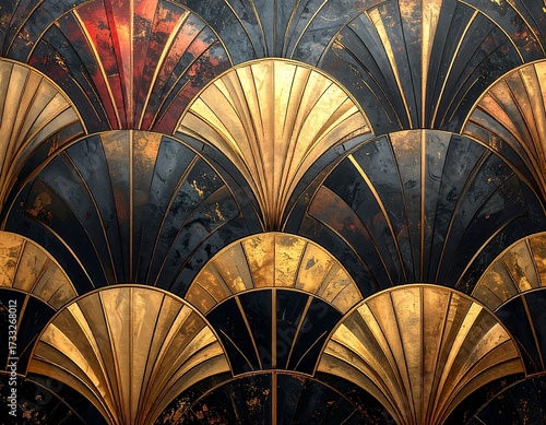 Art Deco patterned background in gold, black, and red