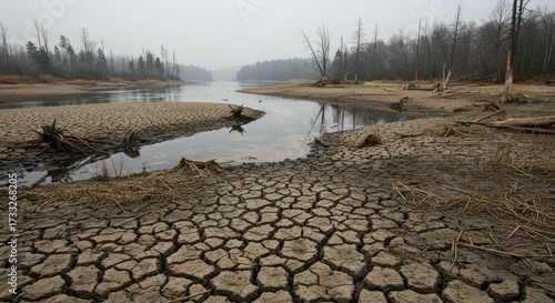 Cracked Earth Riverbed with Dead Trees and Foggy Sky