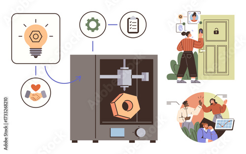 3D printer crafting a model, ideation with a bulb and gear, secure door access with face ID, and teamwork. Ideal for tech, creativity, innovation, security, collaboration design and production