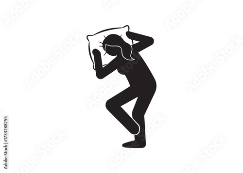 Silhouette of a person sleeping on a pillow isolated on white background