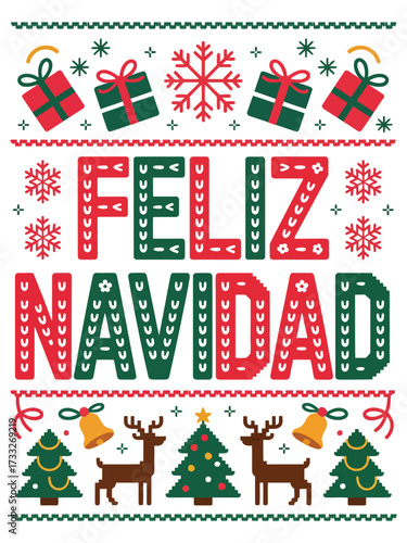 Feliz Navidad lettering spanish typography Merry Christmas Vector illustration for holidays festive design.