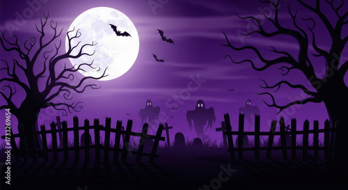 Purple halloween night scene with a large full moon, silhouetted trees, ghosts, and a graveyard