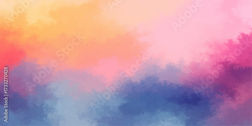 An abstract colorful watercolor background evoking a vibrant sunset with streaks of red, orange, and blue across a dramatic cloudscape