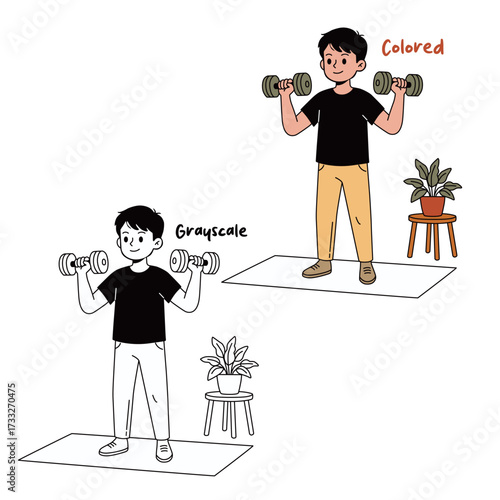 Colored and Grayscale Man Exercising with Dumbbells