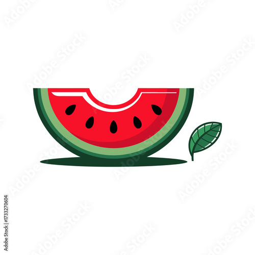 Watermelon slice logo, juicy red wedge with bite shape, summer refreshment symbol, farmers market branding, playful vector illustration