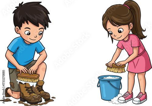Cartoon boy cleaning muddy boots and girl washing brush with soap bucket, children doing chores, cleanliness and responsibility vector illustration