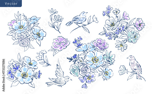 Hand Painted floral and birds line art clipart set on a transparent background. Elegant anemone and wild flowers illustrations for Fabric, Interior and gift Wrapping. Vector files.