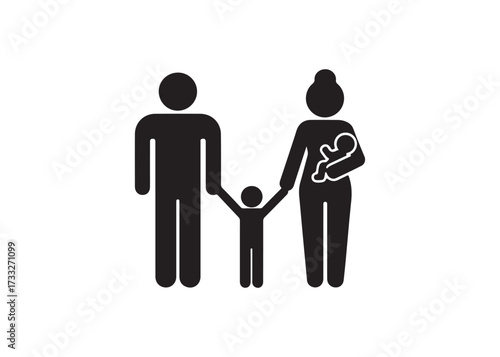 Family with child and baby isolated on white background in silhouette