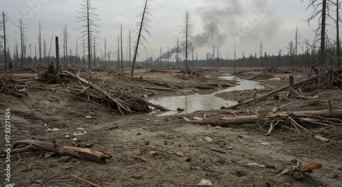 Desolate Landscape with Dead Trees and Industrial Smoke