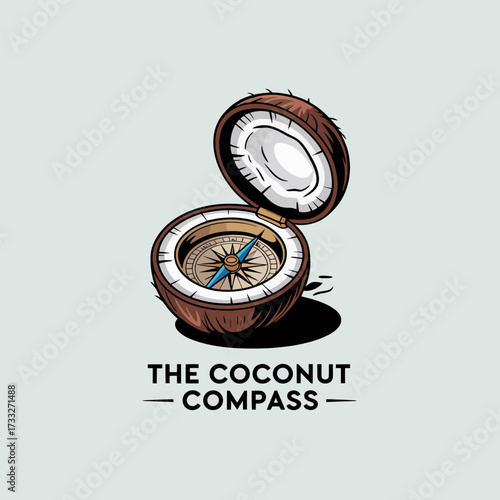 Open coconut with compass, dual shell travel logo, navigation and tropical adventure concept, vacation planner branding, vector graphic