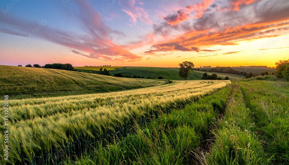 Obraz premium Lush fields bathed in a vibrant sunset