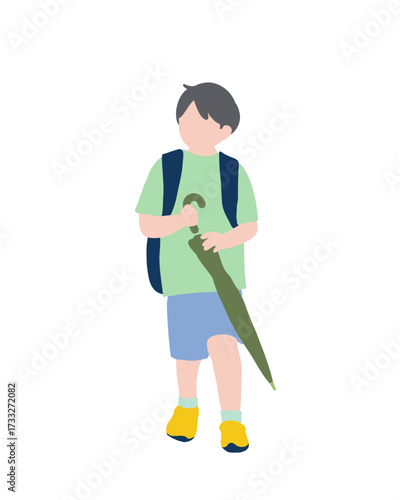 フラットイラスト　傘を持った少年３　正面
