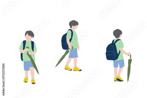 フラットイラスト　傘を持った少年３パターン