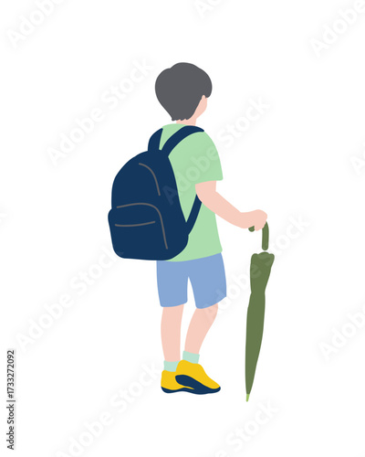 フラットイラスト　傘を持った少年１　後ろ姿