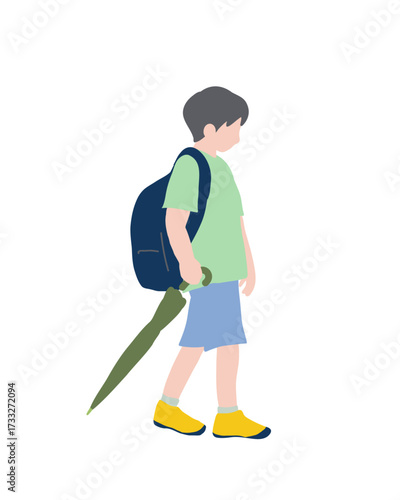 フラットイラスト　傘を持った少年２　横向き