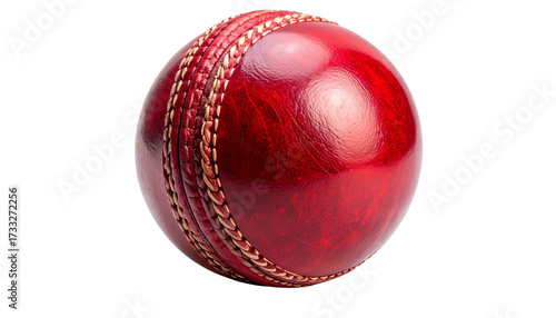 Shiny red leather cricket ball with stitched seam isolated on transparent background