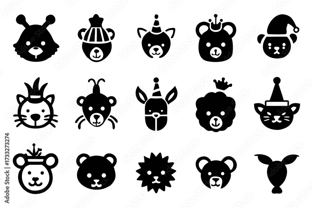 Obraz premium Collection of cute animal faces with hats and crowns