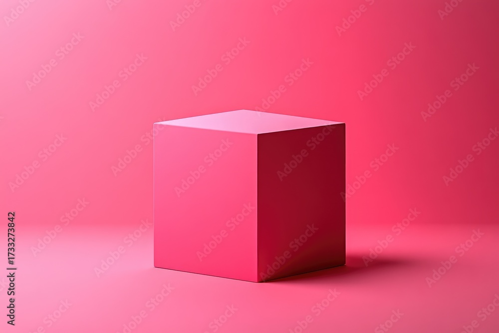 Fototapeta premium Pink cube on pink ground, simple studio, light
