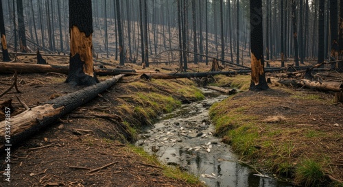 Devastated Forest Landscape with Dead Fish in Stream