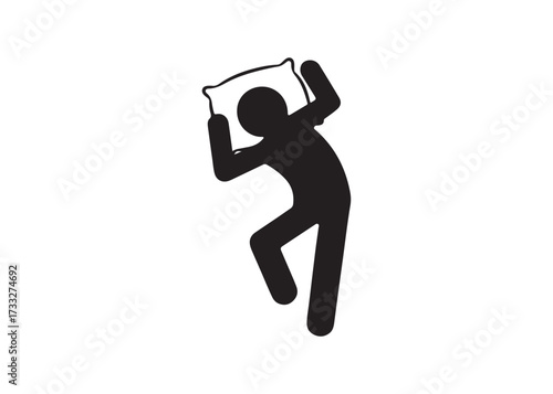 Stick figure man sleeping on pillow isolated on white background