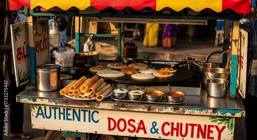 Fototapeta Naklejka Na Ścianę i Meble -  Authentic Dosa & Chutney Street Food Cart in India, Vibrant Colors, Culinary Scene