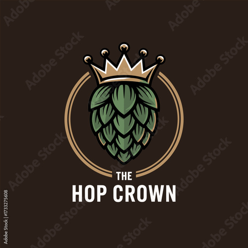 Crowned hop emblem, royal brewing symbol, gold ring accent, craft beer identity, heritage malt brand, classic vintage vector