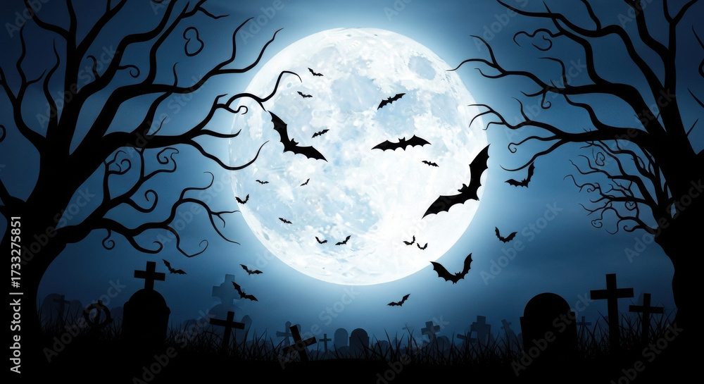 Fototapeta premium Spooky halloween night with a full moon, bats flying over a graveyard with bare trees and tombstones