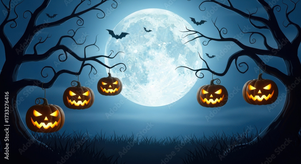 Fototapeta premium Jackolanterns hang from spooky tree branches in front of a large full moon on a dark halloween night