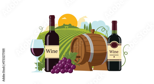 Enjoying a bottle of delicious red wine in a vineyard with a wooden barrel and fresh grapes. This is a beautiful scene on a sunny day.