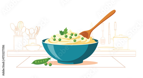Delicious creamy mashed potatoes with fresh peas and parsley topping.