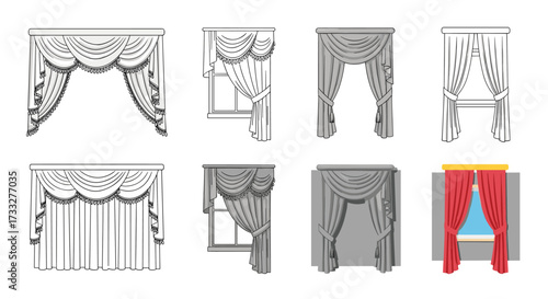 A collection of different window curtain styles including swags and drapes.