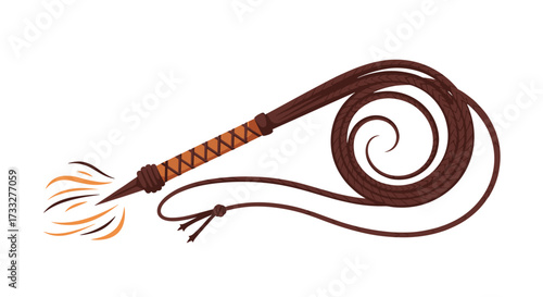 The powerful bullwhip is coiled in a spiral shape with frayed ends at the tip.