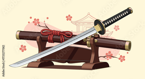 A traditional Japanese sword displayed on a stand with cherry blossoms in the background.