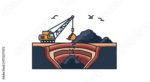 Illustration of an excavator mining coal from a large open-pit mine operation.