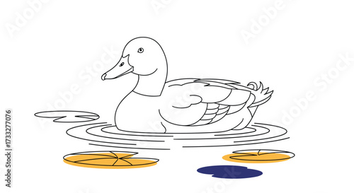 An artistic sketch of a duck swimming serenely in the calm water with lily pads floating nearby.